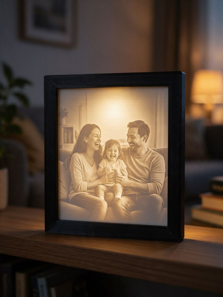 Moldura preta iluminada com a fotografia em relevo de um casal e a filha a rir no sofá