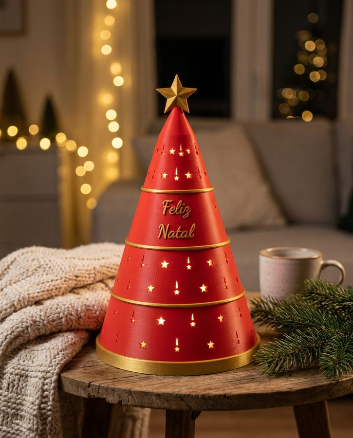 Árvore de luz vermelha com fitas douradas e Feliz Natal, acesa numa sala